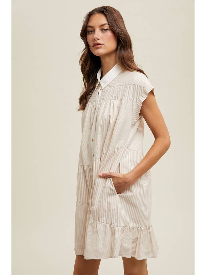 TAUPE WHITE MULTI-STRIPED BUTTON-UP MINI DRESS / WL24-9445 for wholesale on Faire2