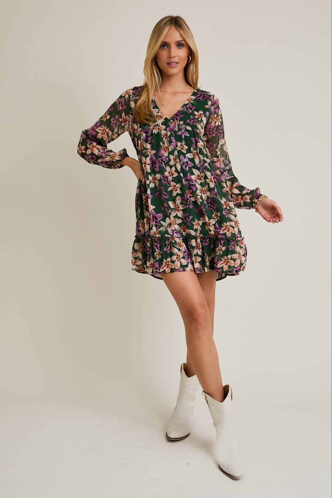 L/S V-NECK MERROW HEM FLORAL DRESS for wholesale on Faire3