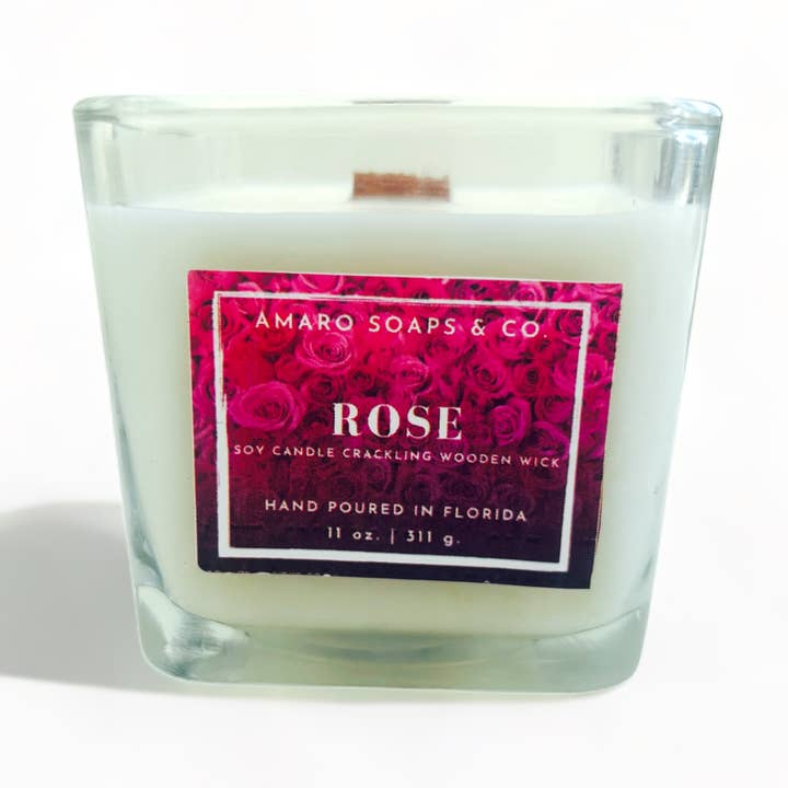 Rose Wooden Wick Soy Candle for wholesale by Amaro Soaps & Co.