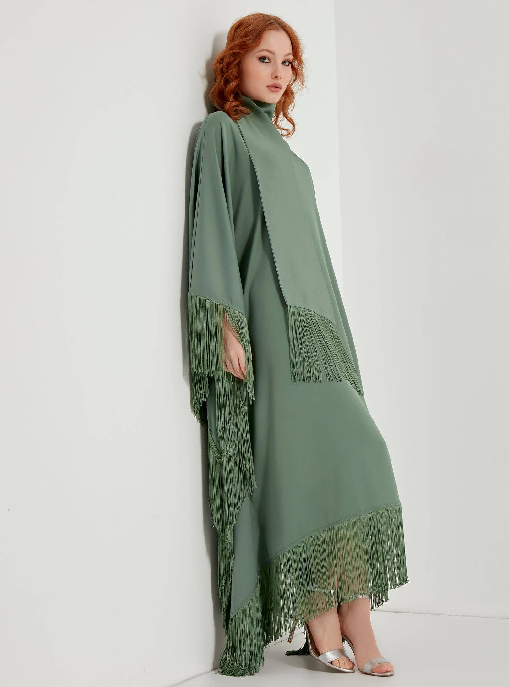 Store WF – wholesale Kaftan – Women's – Mint Fringed Kaftan Dress With Tie Neck Detailed3