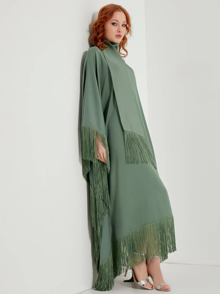 Store WF – wholesale Kaftan – Women's – Mint Fringed Kaftan Dress With Tie Neck Detailed3