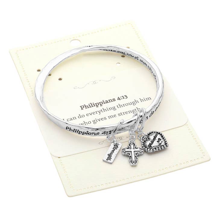 Sensibling Corp. - Wholesale Bangle Bracelet - Philippians 4:13 Religious Message Metal Bangle Bracelets
2