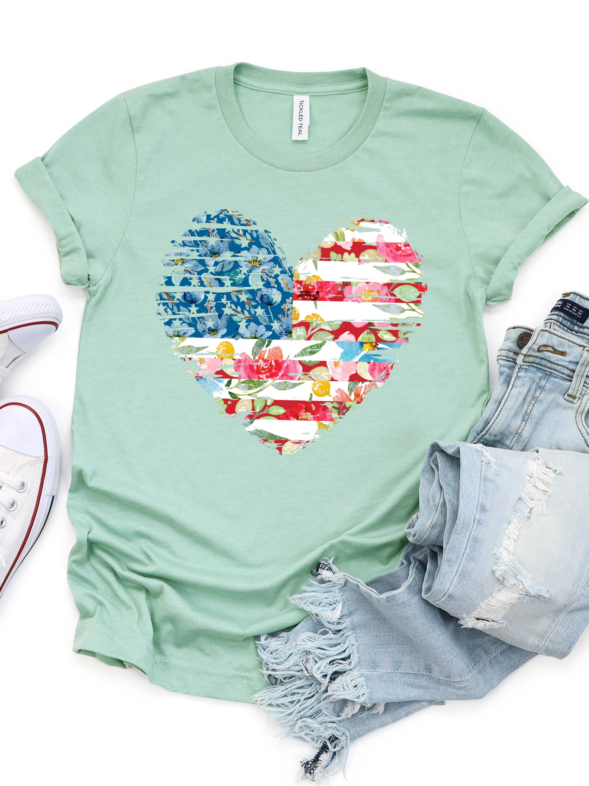 Tickled Teal - Wholesale T-Shirt (Graphic) - Women's - Watercolor Flag Heart Graphic Tee0