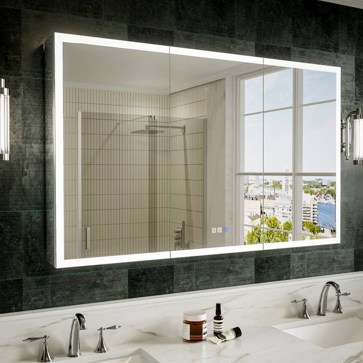 Medicine Cabinet 48x30" Frameless Double LED Lights Anti-Fog for wholesale by Brio Lighting