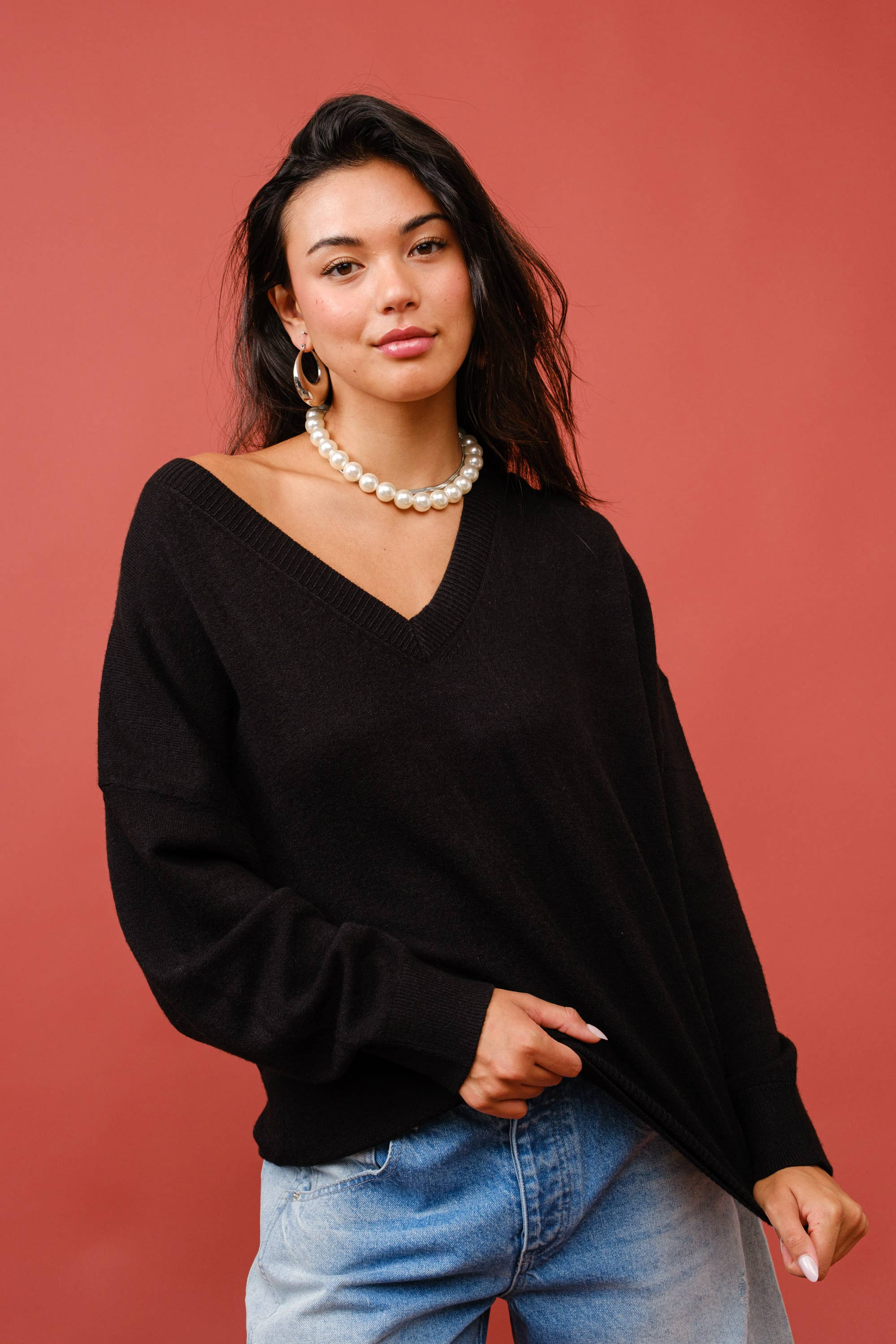 Signature 8 – Pulôver - Mulher por atacado – Suéter Oversized de Cashmere com Decote V e Mangas Longas S631216