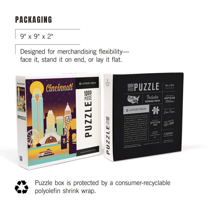 Lantern Press – wholesale Puzzle – Adult – 1000 PIECE PUZZLE Cincinnati, Ohio, Retro Skyline Chromatic7