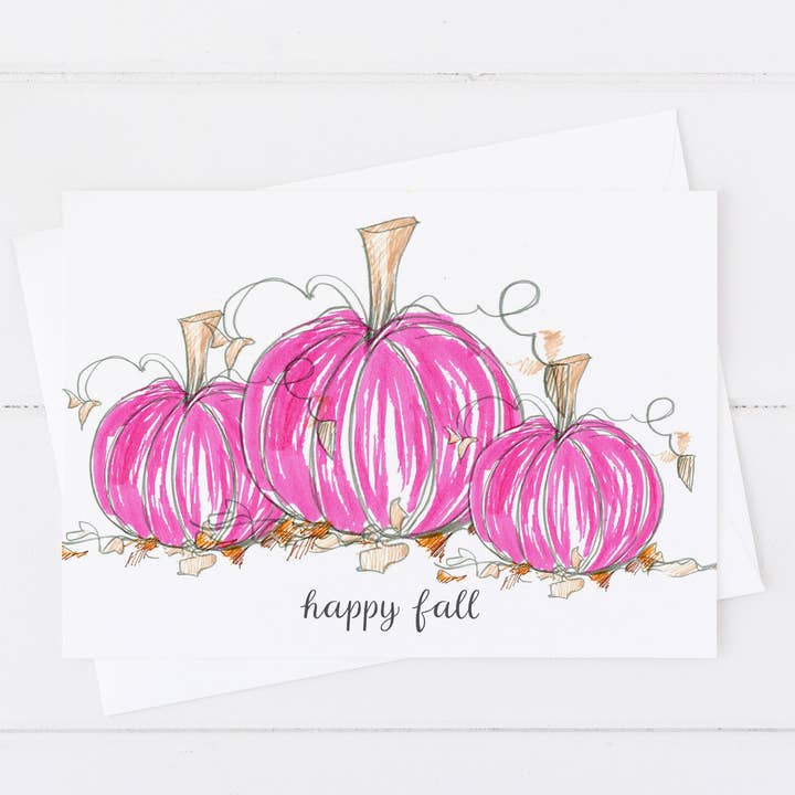 Tarjeta de felicitación de octubre con calabazas felices y hojas de otoño para venta al por mayor de Rugosa & Pine