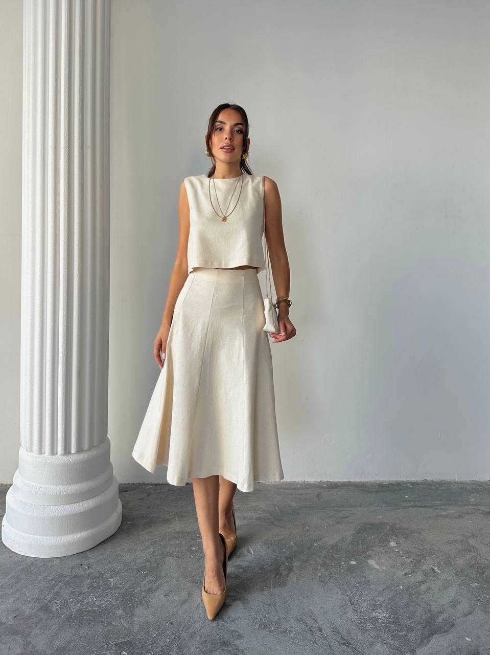 Design company-Fatma Balkir - Vente Ensemble haut et jupe - Femme - Ensemble élégant en lin avec jupe midi et blouse courte - Tailleur jupe2