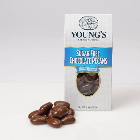 Sugar Free Double Dipped Chocolate Pecans 6oz Box for wholesale by Young’s Premium Foods