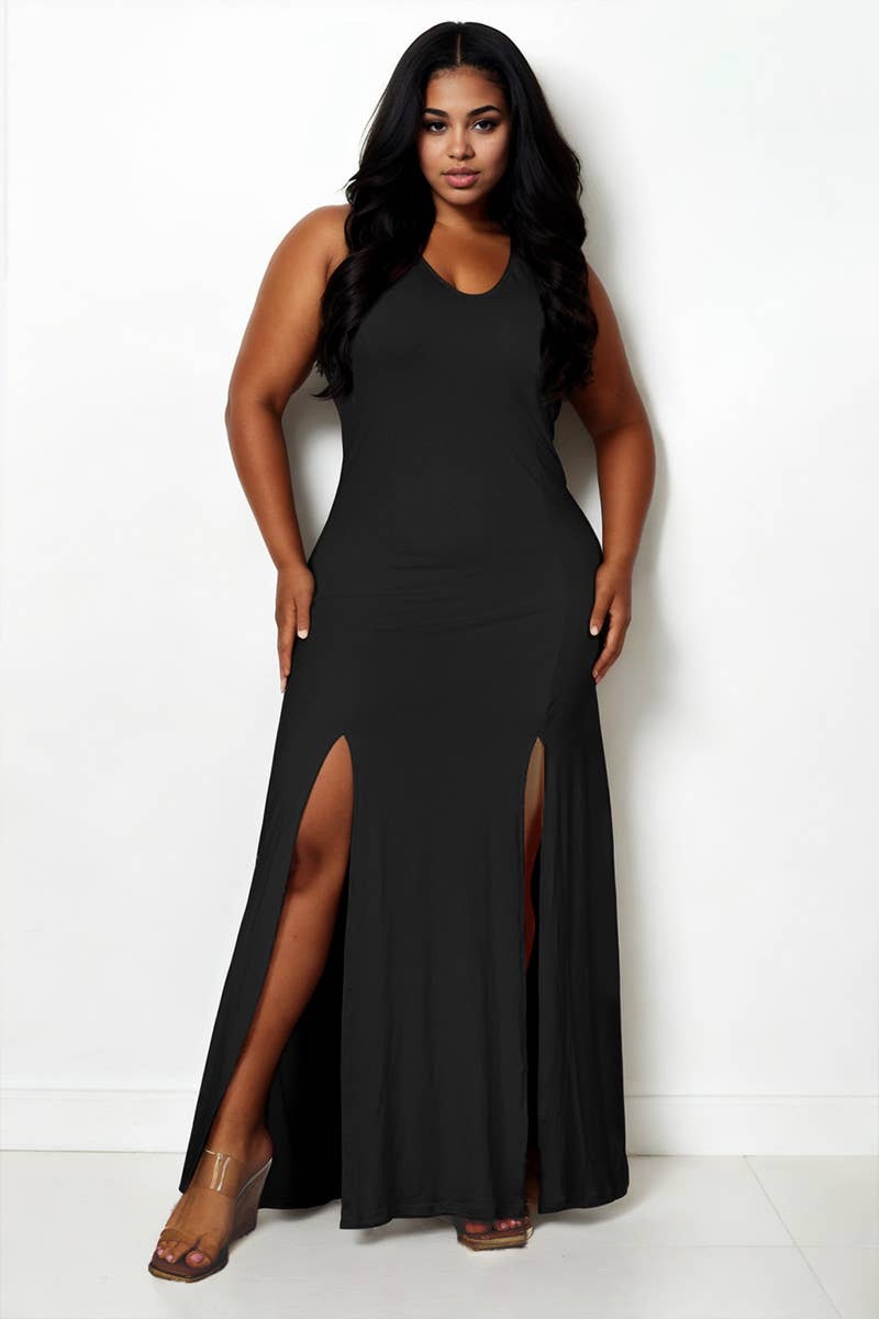 CAPELLA APPAREL - Vente Robe – femme - Robe maxi à encolure plongeante et fente sur les cuisses de grande taille