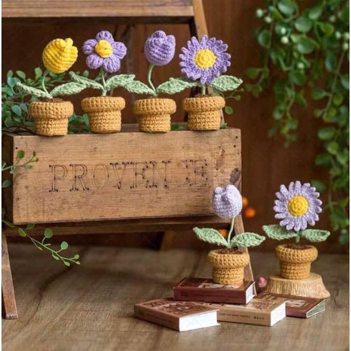 TOMOPOD LLC - Wholesale Artificial flowers - Mini Crochet Flower Pot, Crochet Sunflower Rose Daisy Plant3