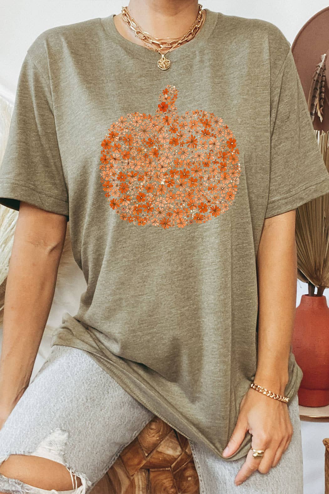 Kissed Apparel - Vendita all'ingrosso Maglietta serigrafata - Donna - Maglietta Grafica Autunnale con Zucca e Fiori5