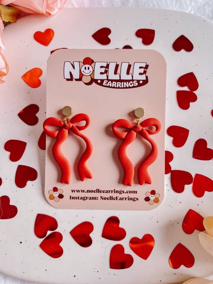 Ribbon Earrings | Valentines Polymer Clay Earrings for wholesale by Noelle Earrings