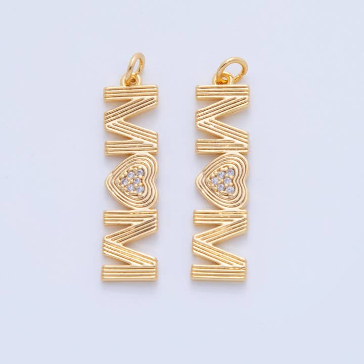 18K Gold Filled 35mm Micro Paved CZ Groovy Lined "MOM" Charm | AF348 for wholesale by Aim Eternal