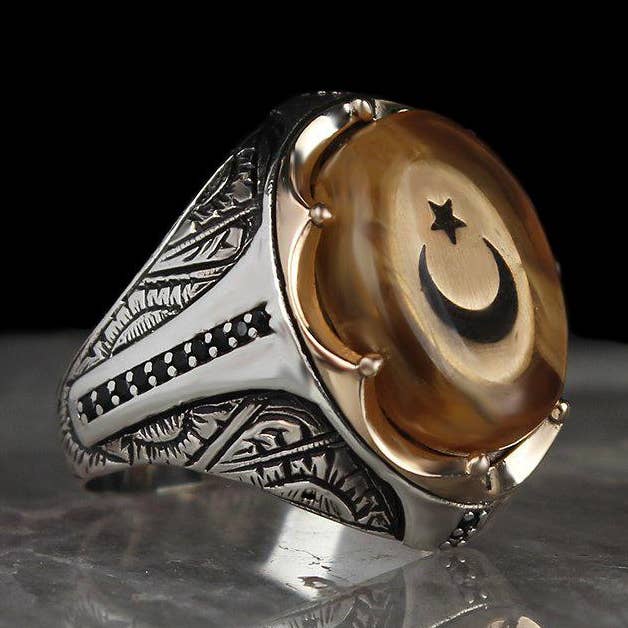 Bague turque en argent sterling avec croissant et étoile pour la vente par Ephesus Jewelry