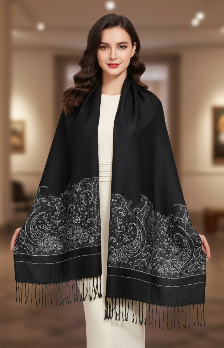 SERENITA - Wholesale Scarf - Women's - Lurex Section Metallic Paisley Pashmina Shawl Wrap Scarf11