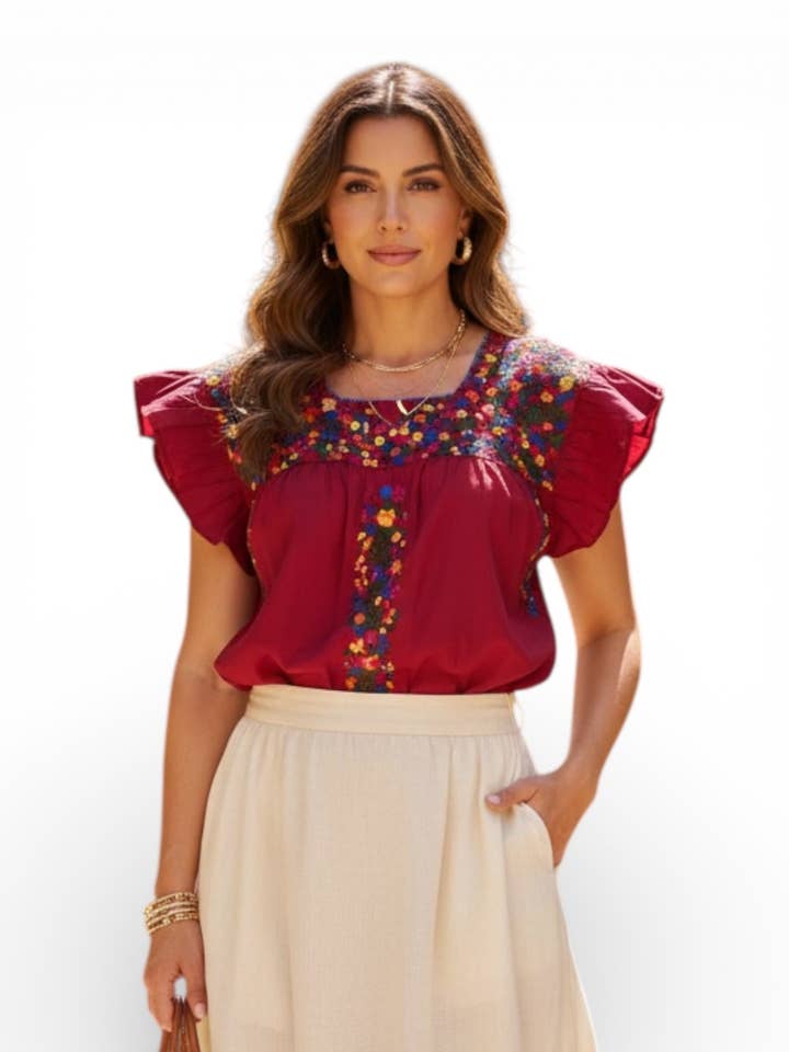 San Antonino Ruffled Blouse Red for wholesale by Cielito Lindo