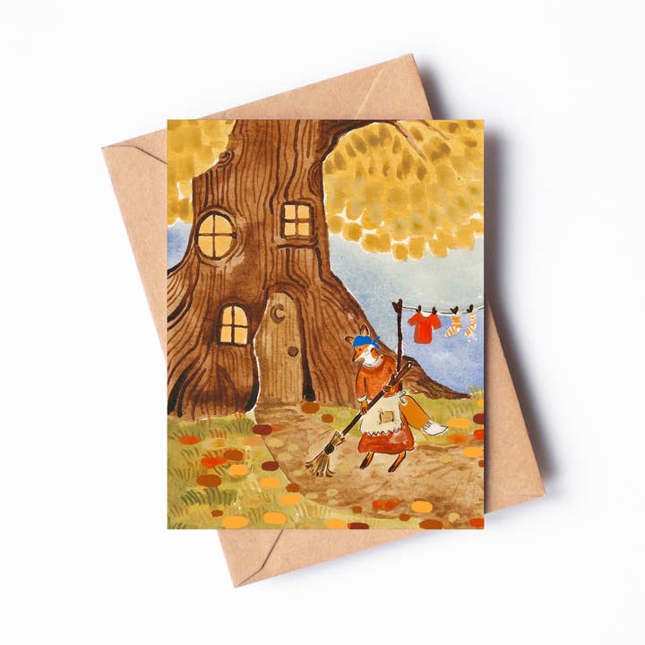 Sweeping Leaves Single Blank Greeting Card for wholesale by Randi Lynn Reed Illustration