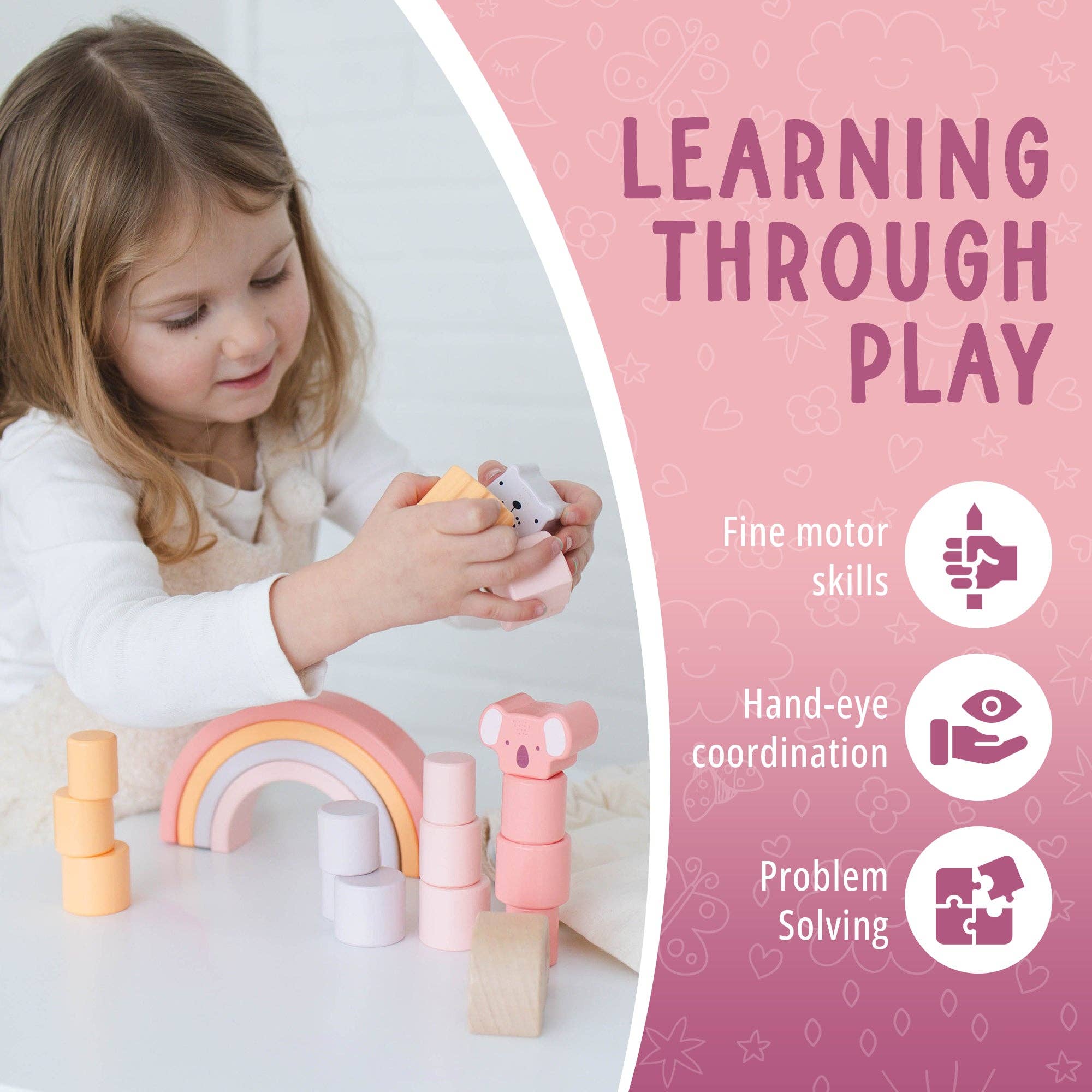 Spirit 'N Sprout - Wholesale Stacking Rings Game - Baby - Pink Animal Stacking Set - 21 Pieces included with Storage Bag - Wooden Rainbow Stacker Gift for Girls3