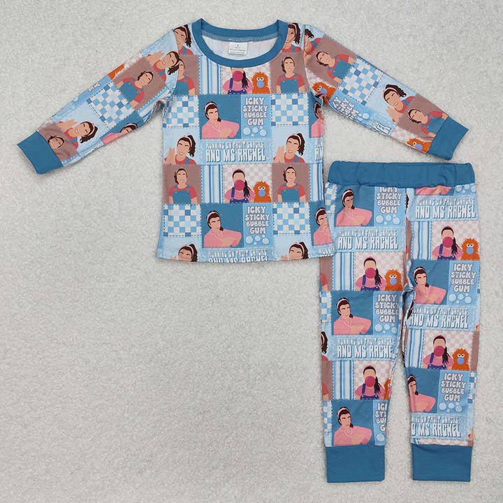 Baby Girls Blue Teacher Checkered Tops Pants Pajamas Clothes Sets for wholesale by Aier Wholesale