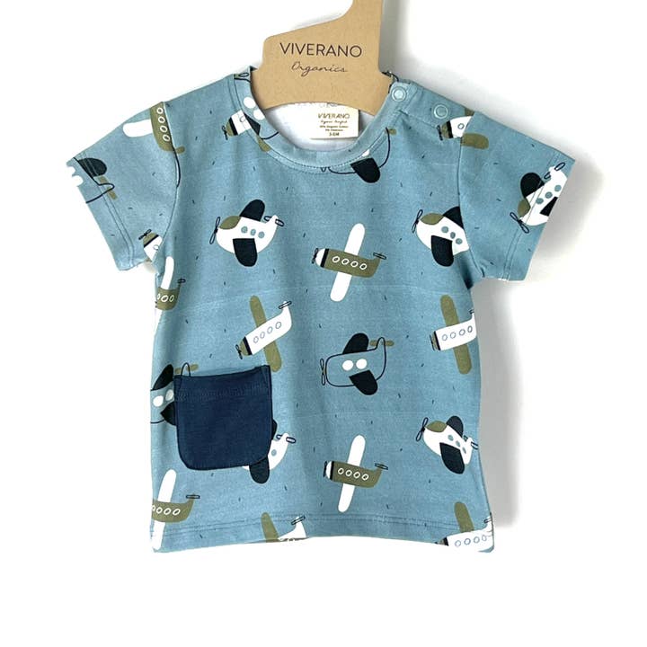 Blue Airplanes Baby Pocket Tee + Shorts Set (Organic Jersey) for wholesale on Faire