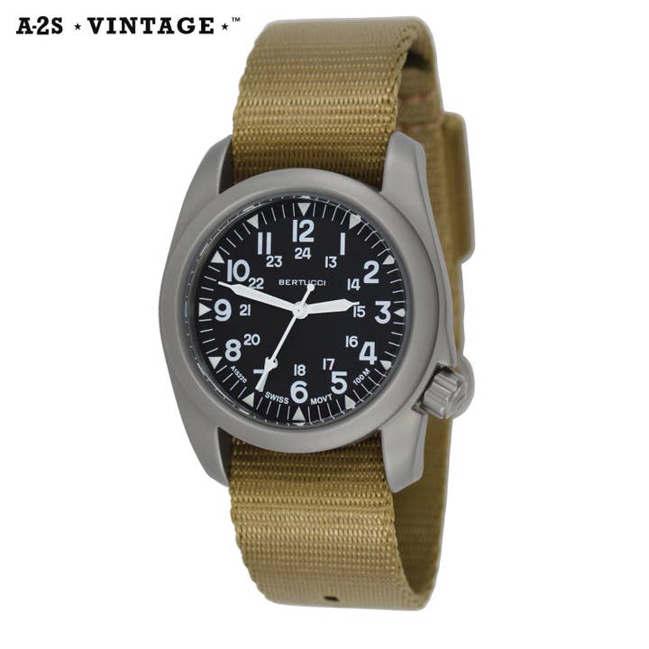 A-2S Vintage Zwarte Wijzerplaat Veld Khaki Comfort-Webb Band voor wholesale door Bertucci