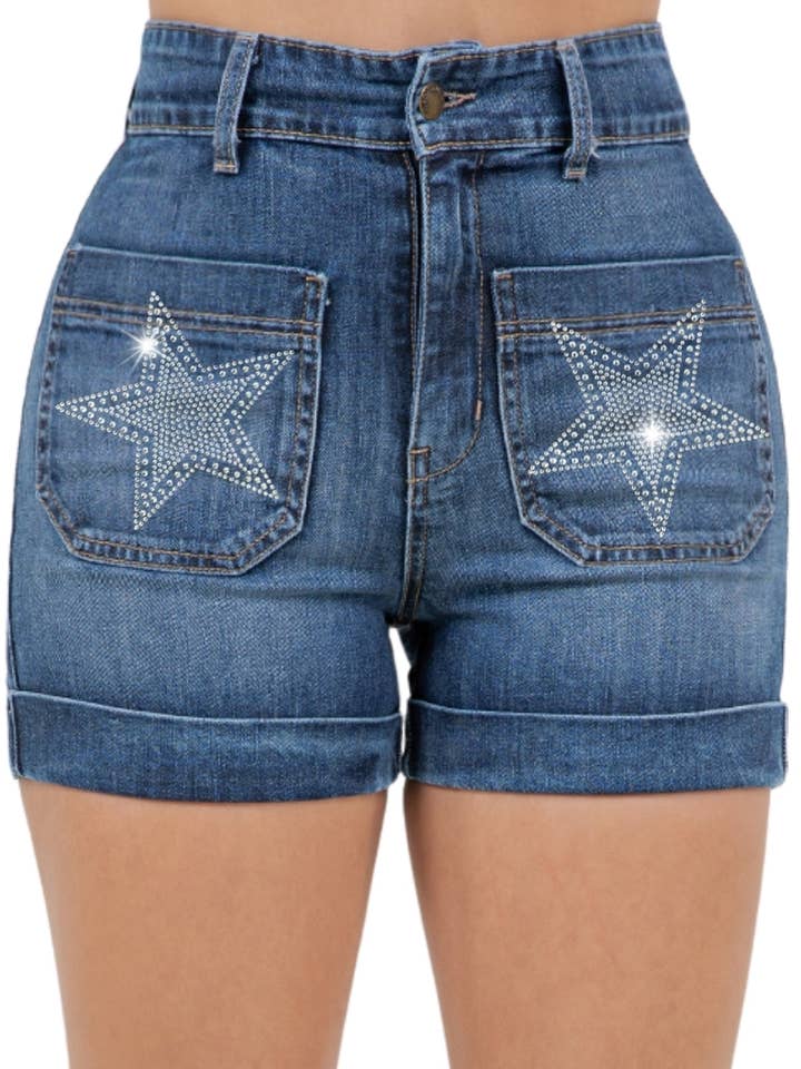 Star Studded High Waisted Denim Shorts Dark Wash for wholesale by GJG Denim