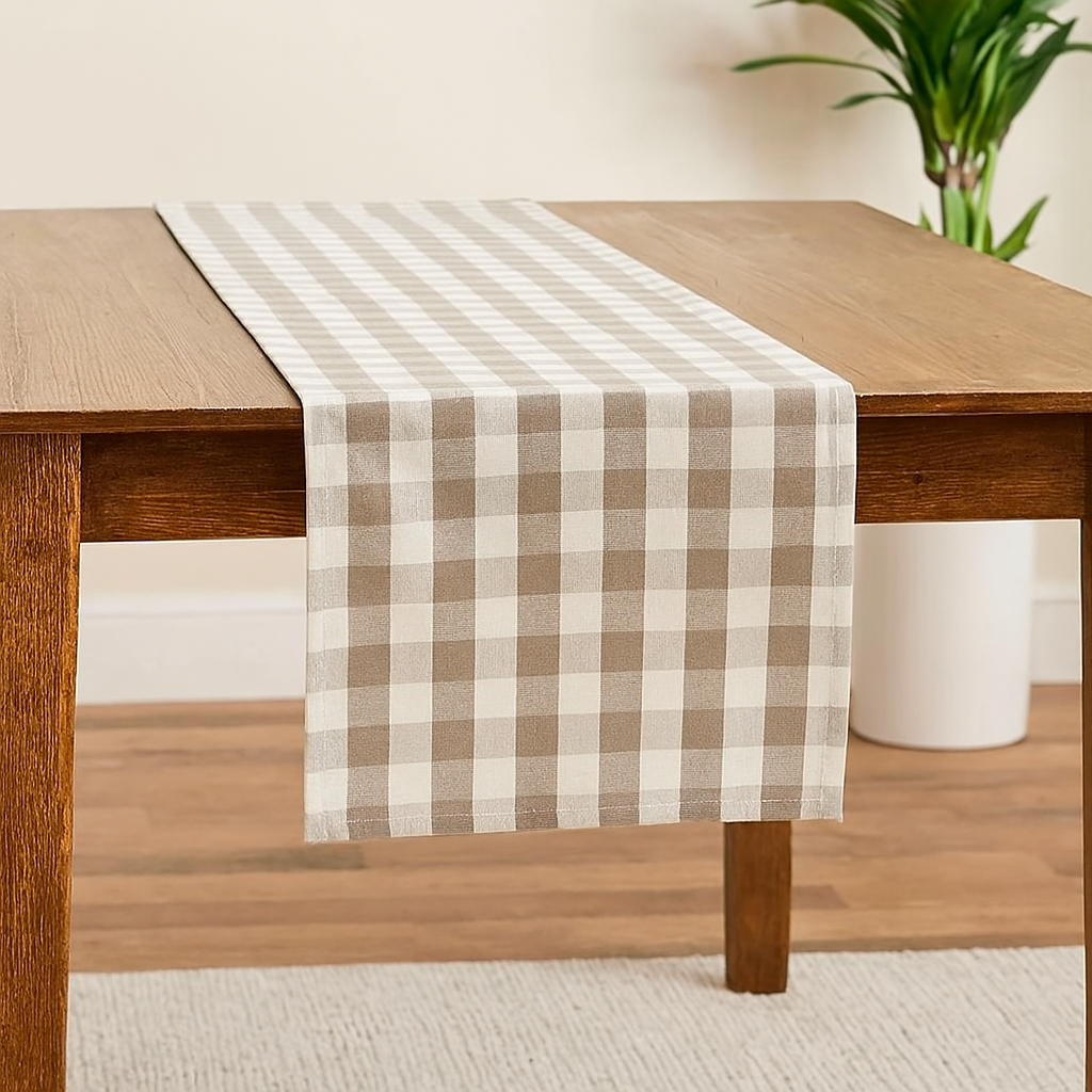 Fennco Styles - Wholesale Table Runner - Classic Gingham Khaki & White Table Runner1