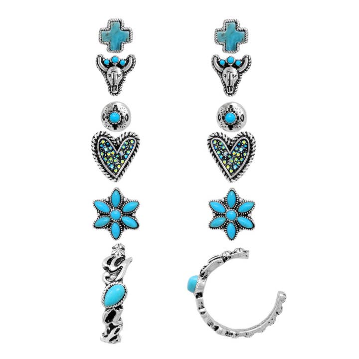 SP Sophia Collection - Wholesale Stud/Post Earrings - 6-Pair Western Theme Assorted Earring Set