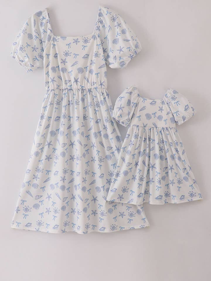 Blue seashell bow mom&me dress for wholesale by Aspen Rain Boutique
