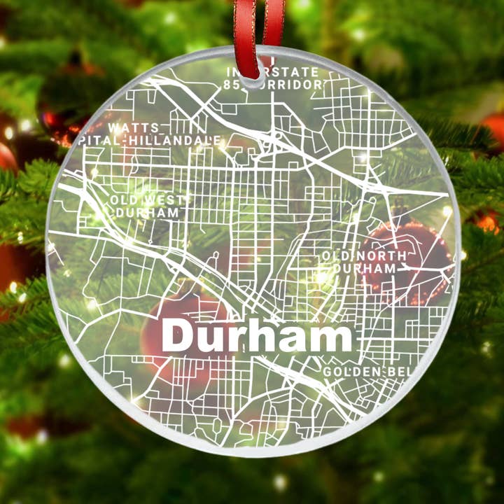 Durham NC - Street Map - Acryllic Christmas Ornament for wholesale by Blue Ridge Mountain Gifts