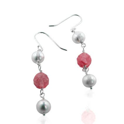 Cultured Pearl and Watermelon Pink Crystal Sterling Silver Beaded Earrings for wholesale by Silver Insanity
