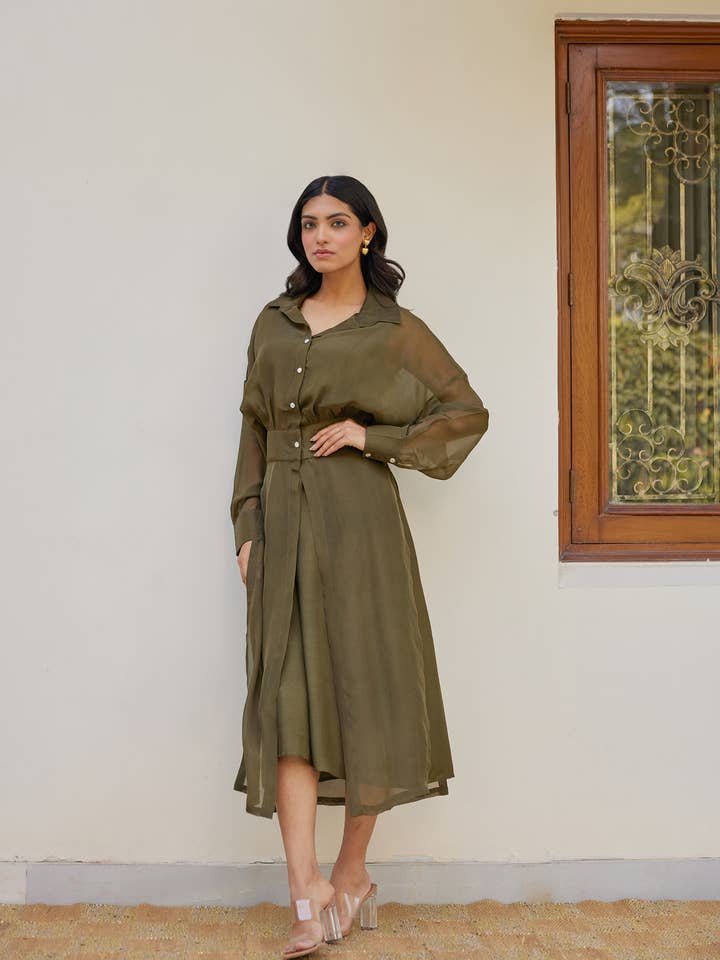 Olive Green Solid Organza Jacket Set (Set of Two) for wholesale by Label Reyya