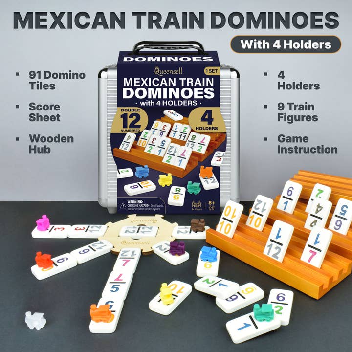 Queensell - Wholesale Board Game - Mexican Train Dominoes Set with Numbers and 4 Holders1