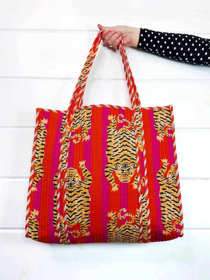 Quilted Tiger Print Tote Bag | Large Travel Bag | Gifts for wholesale by Folklore Couture
