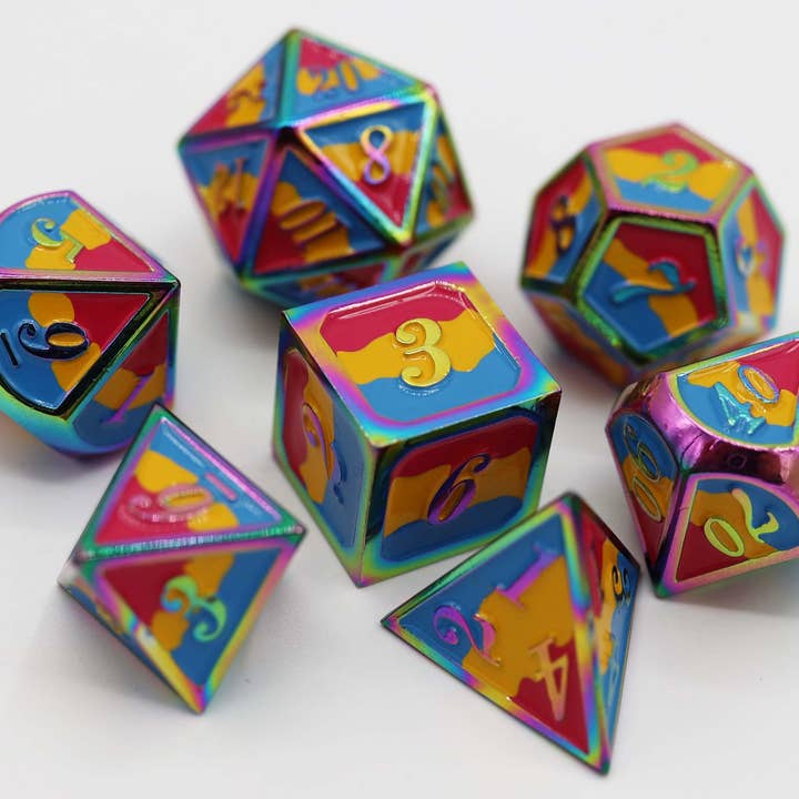 Pansexual Pride Flag - Metal RPG Dice Set for wholesale by Foam Brain Games