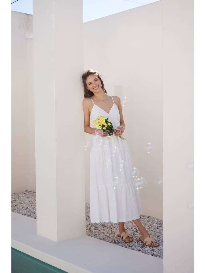 in february - Wholesale Dress - Women's - CROCHET FLARE SMOCKED MAXI DRESS WITH TIERED RUFFELES