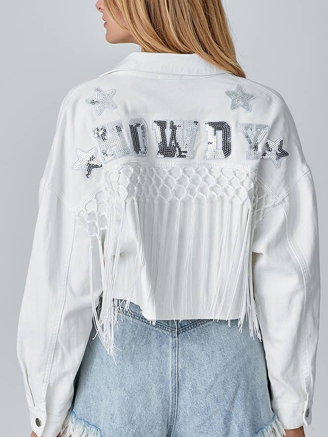 UNISHE - Wholesale Denim Jacket - Women's - Sequin Letter Tassle Denim Short Jacket OZX0825