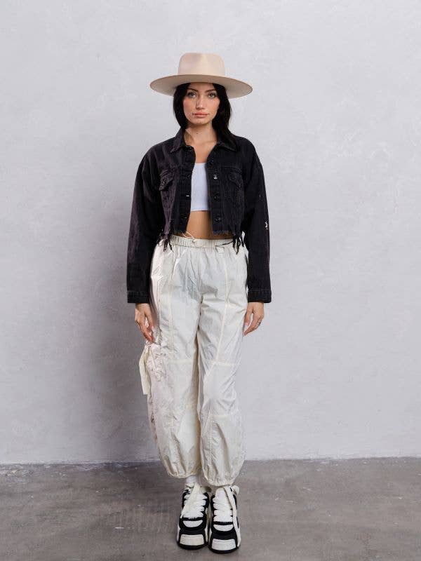 Black Wild Spirit Cream Font Crop Denim Jacket for wholesale on Faire