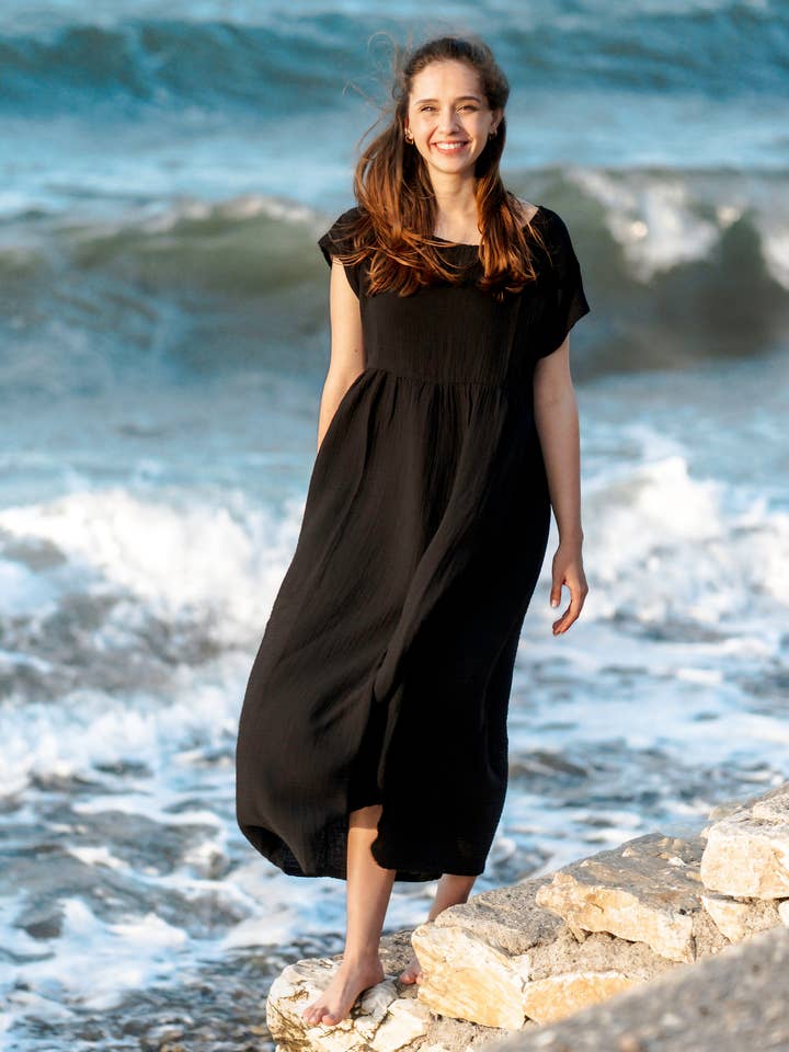 Moa - Wholesale Dress - Women's - Double Gauze Cotton Beige Midi Dress 4