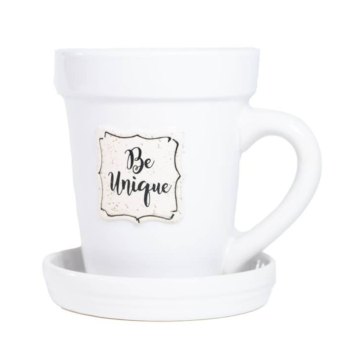 Divinity Boutique - Vente Tasse à café - Mug en pot de fleurs blanc avec Écriture - Be Unique3