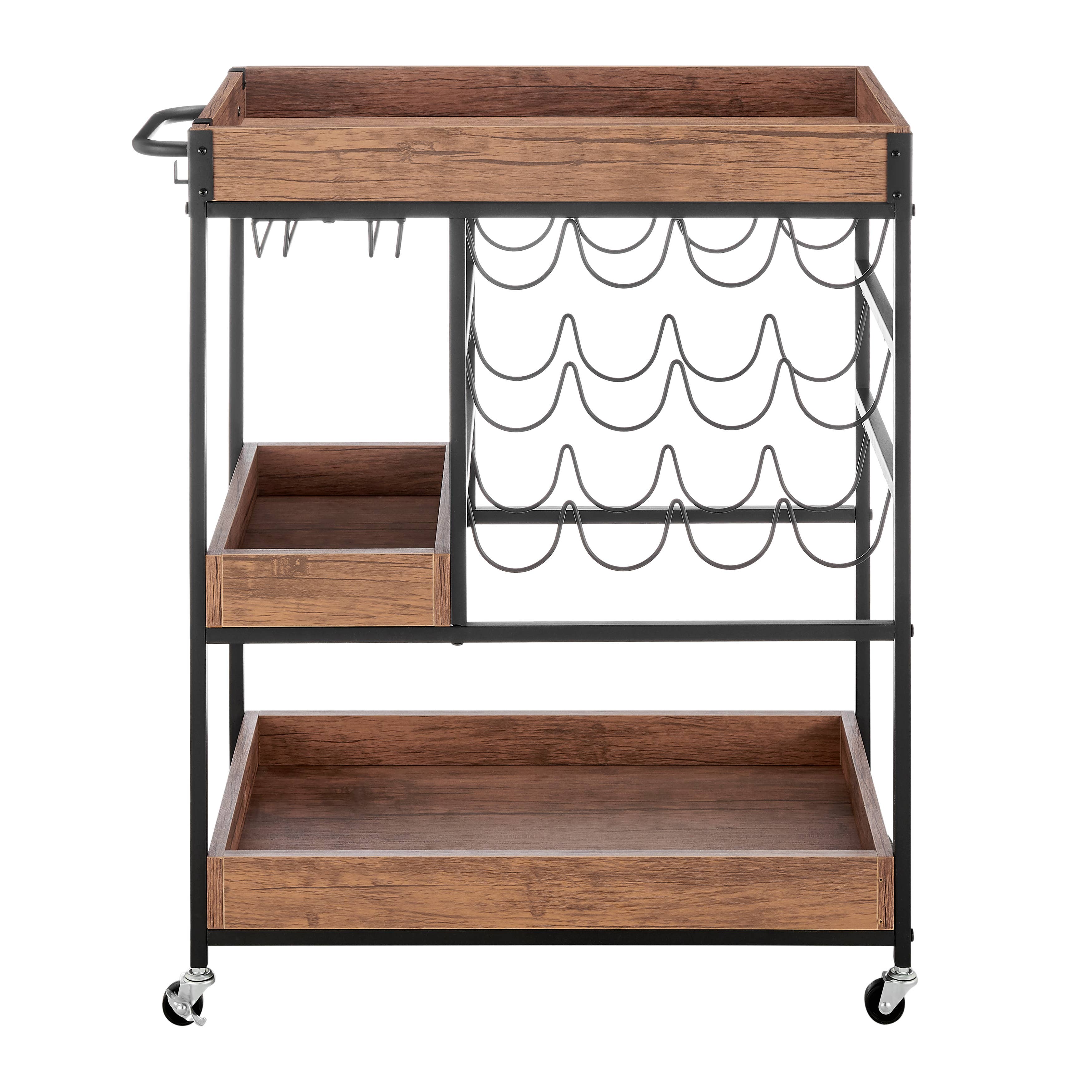 Danya B - Wholesale Bar Cart - Walnut Veneer Metal Rolling Wine Bar Cart with Storage Rack6