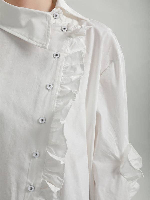 ShieldChic - Wholesale Button Down Shirt - Women's - Loose Solid Color Ruffled Irregularity Buttoned Blouses5