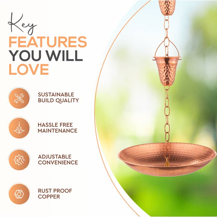 Marrgon - Wholesale Outdoor Ornament/Decor - Marrgon 11" Copper Anchoring Basin - Hammered Metal Bowl for Rain Chain Downspouts2