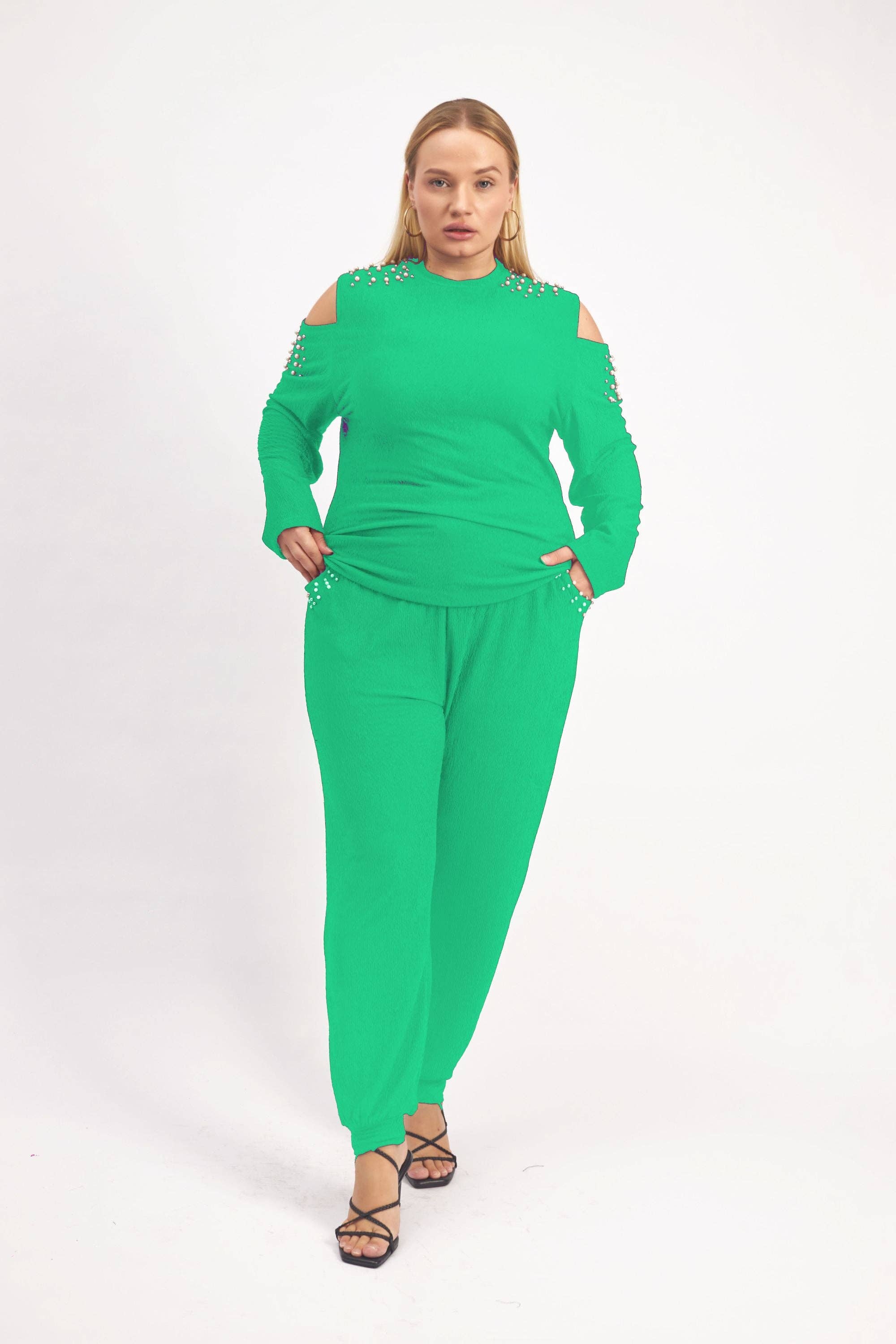 KaraChic - Vente Ensemble haut et pantalon (PAS d'intérieur) - Femme - 24029 - Ensemble 2 pièces épaules dénudées perle et manches longues7