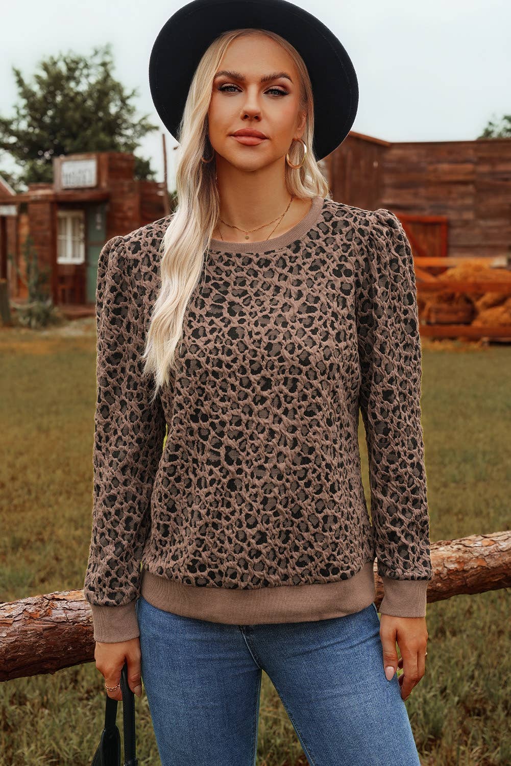 fashionworks - Wholesale Knit Top - Women's - Western Ribbed Trim Leopard Print Long Sleeve Top *S-4X4