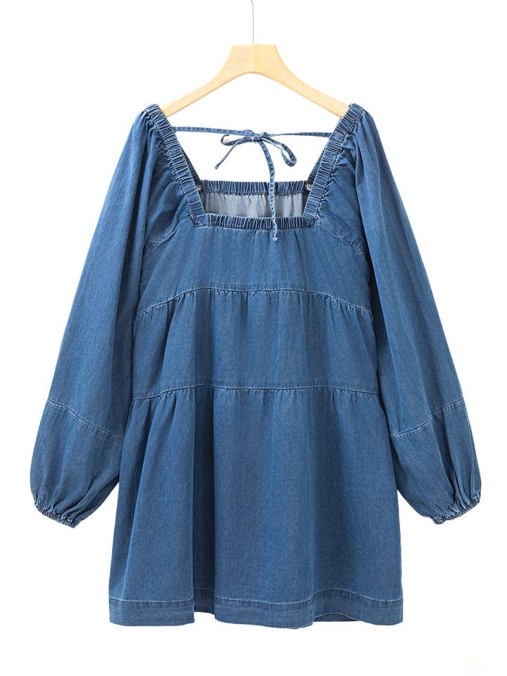 Dusk Blue Square Neck Denim Mini Dress with Side Pockets for wholesale on Faire25