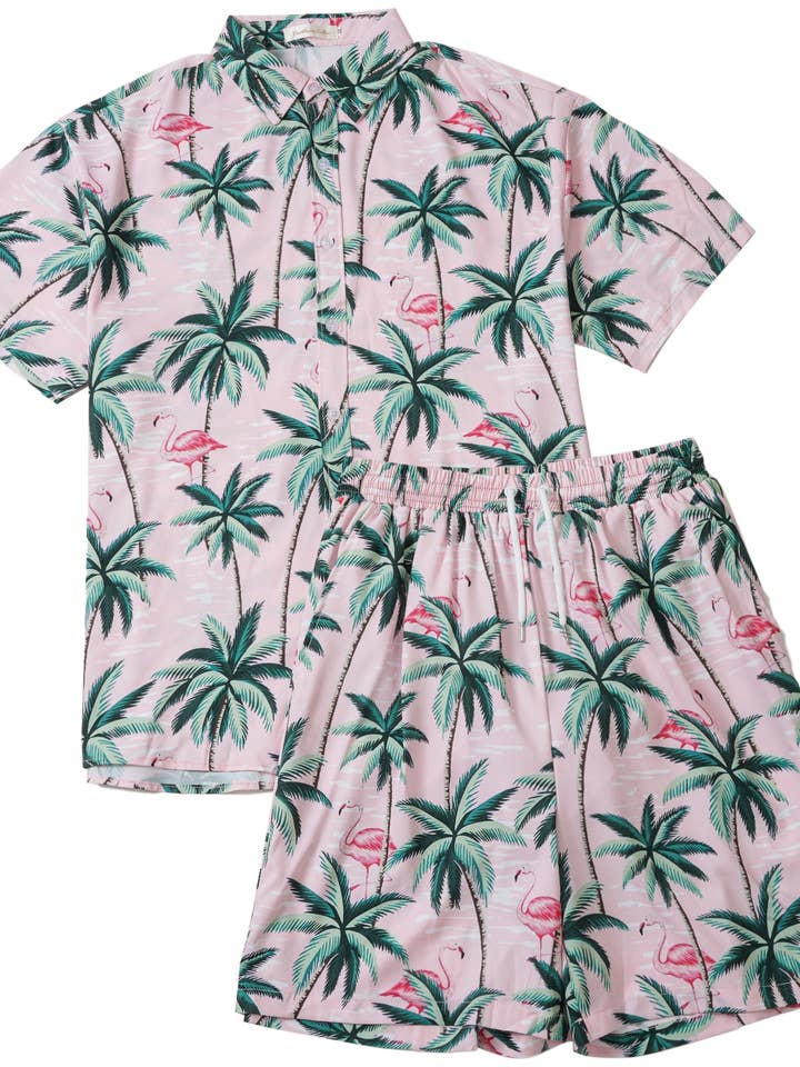 Men's Swimming set, Flamingo Coconut Tree Shirt and Short for wholesale by Imagine Imports