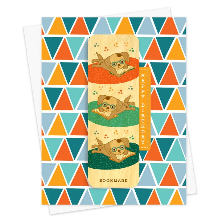 Night Owl Paper Goods – Großhandel Geburtstagskarten – Puppy Pages Geburtstagskarte mit Lesezeichen-Motiv „Lesender Hund“