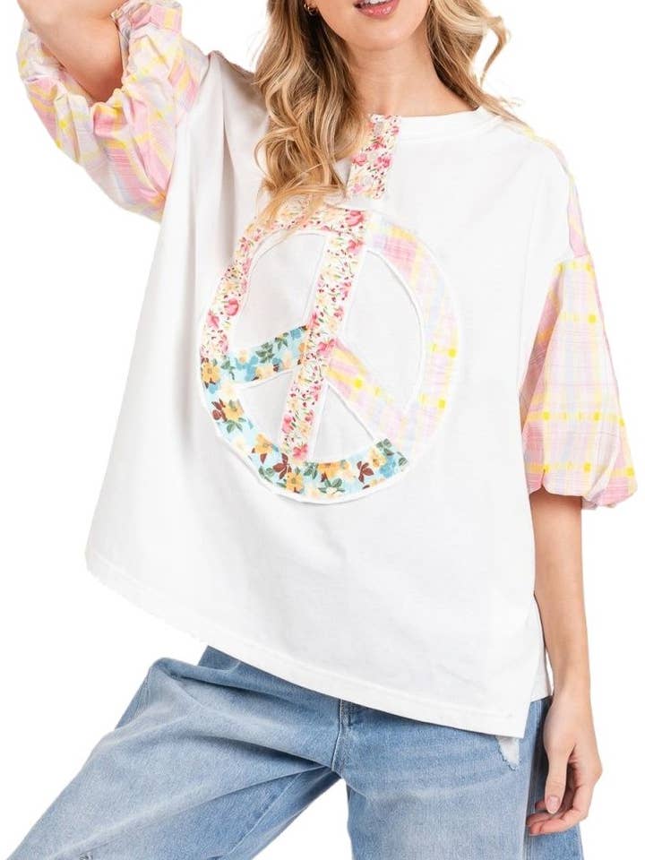 Haut à manches bouffantes Patchwork Peace pour la vente par Vanilla Monkey